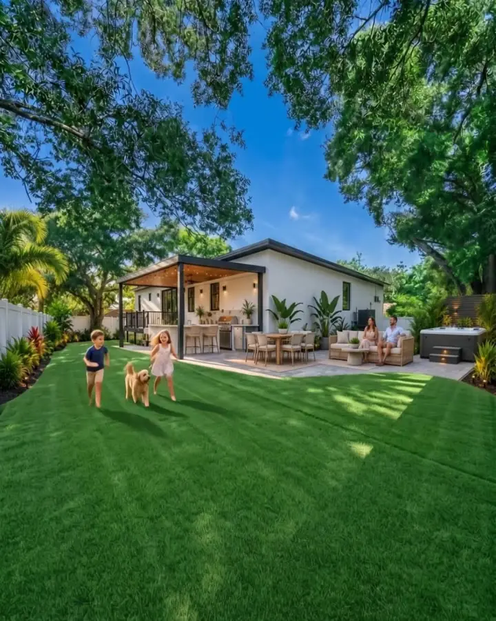 El mismo patio con una familia, plano generado con IA